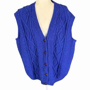 Vtg Connemara Aran Handknit Irish Wool Sweater Vest Blue Purple Fisherman 2XL